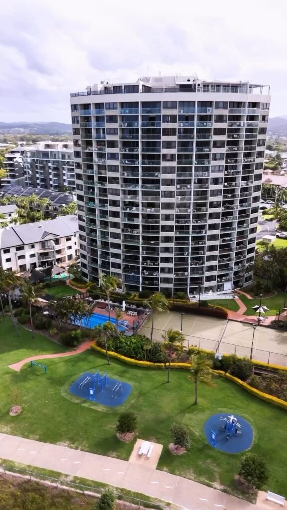 Aerial view of the Princess Palm on the Beach apartment tower at Palm Beach, body corporate painting by We Paint Gold Coast